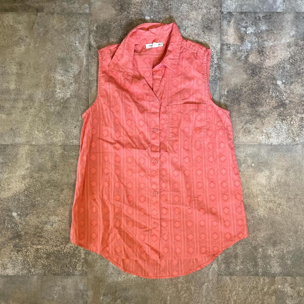 beach lunch lounge pink collared 100% cotton button up size small